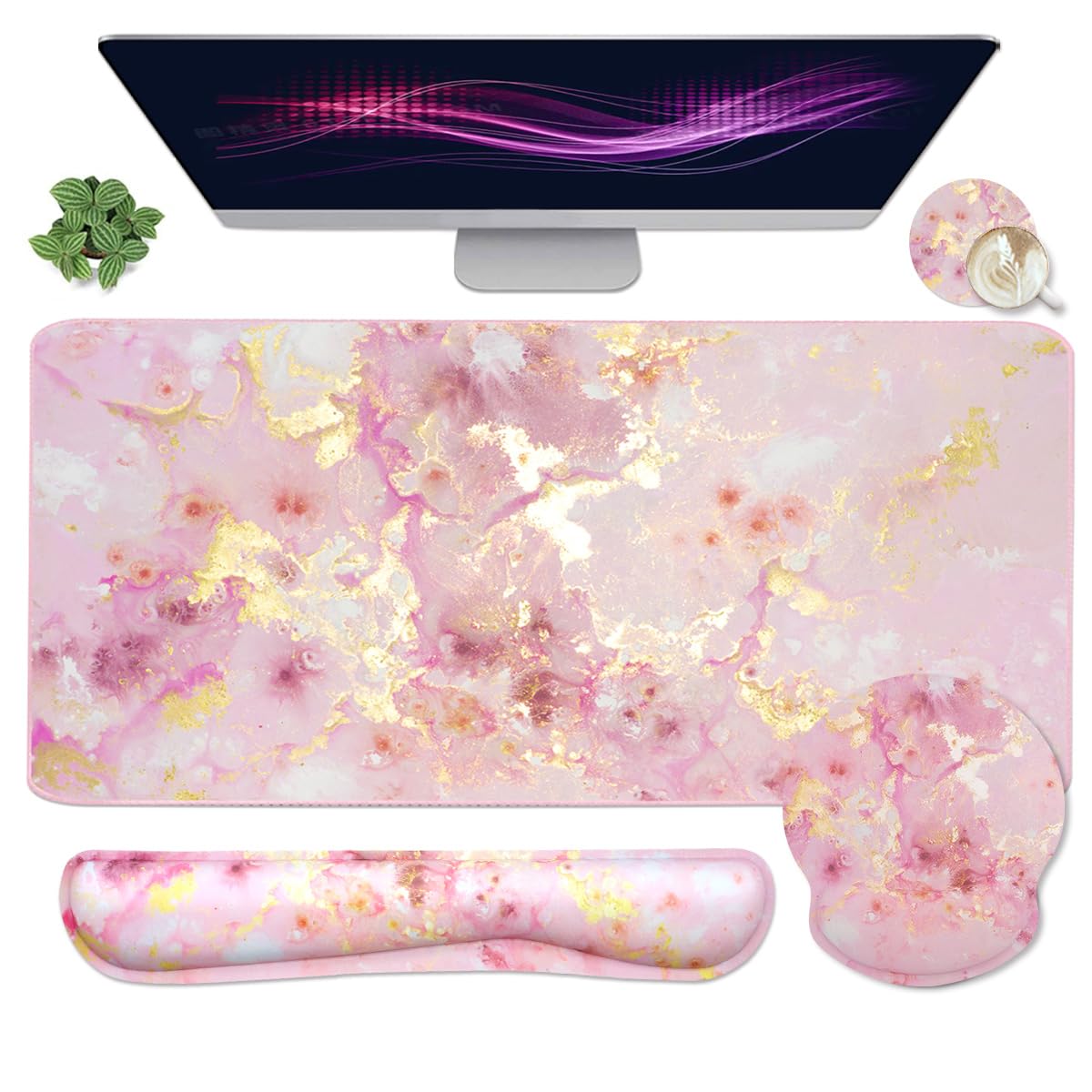 4-in-1 Gaming Mouse Pad Wrist Support Set，Desk Pad + Mouse Pad with Wrist Rest + Keyboard Wrist