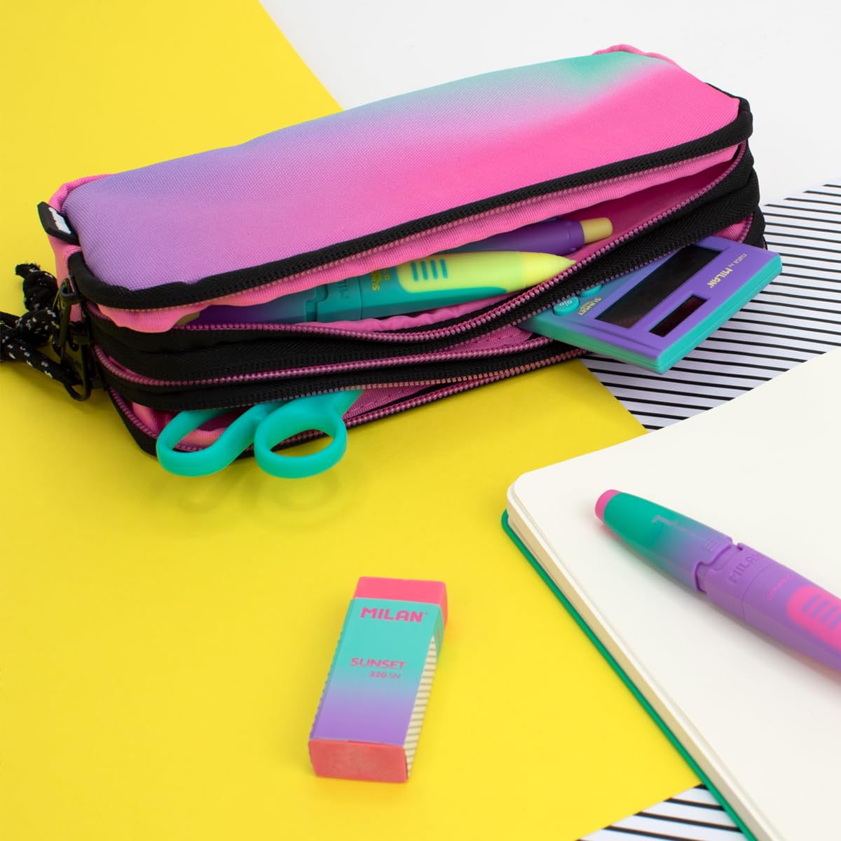 Milan Pencil Case 3 Zippers Sunset, Pink ®