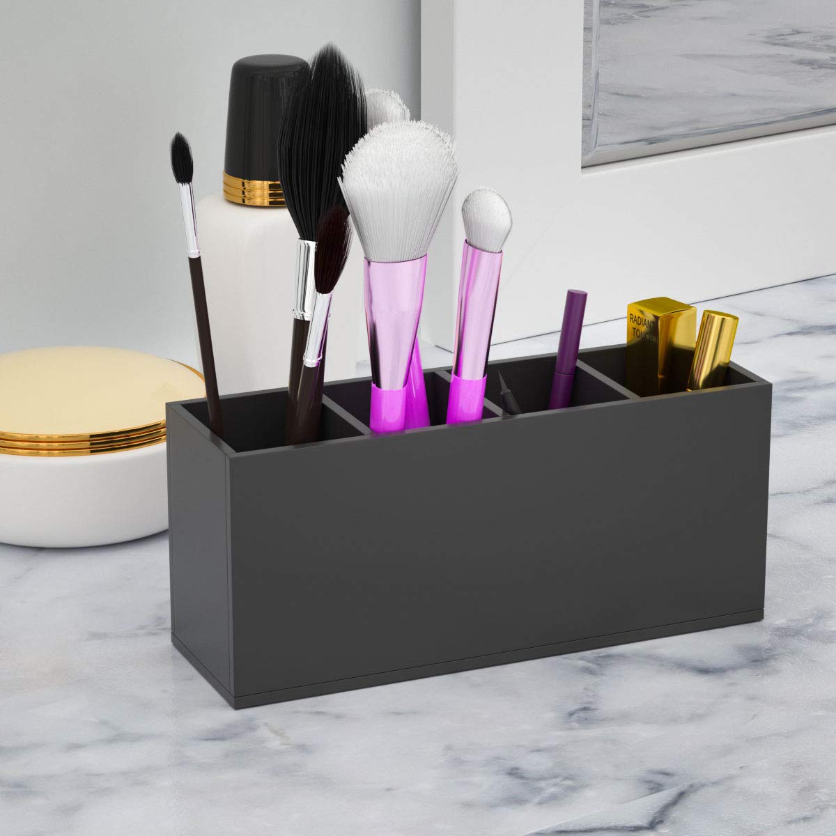 NIUBEE Acrylic Pen Holder 4 Compartments, Black Pencil Organizer Cup for Countertop Desk Accessory