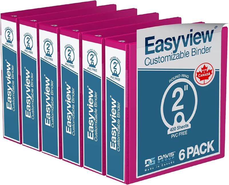 Easyview 3-Ring Binder, Clear-View Cover, 2" Round Rings, Pink, 6 Pack
