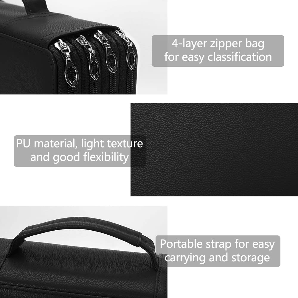 Vomgomfom 300 Slots Marker Case 4-Layer PU Leather, Handle, Solid Black