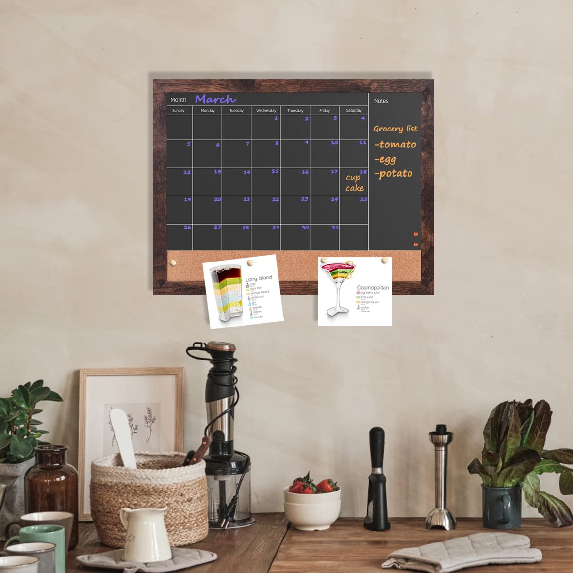 Umtiti Chalkboard Calendar & Cork Bulletin Board，13" x 17" Brown Wood Frame，Magnetic Surface