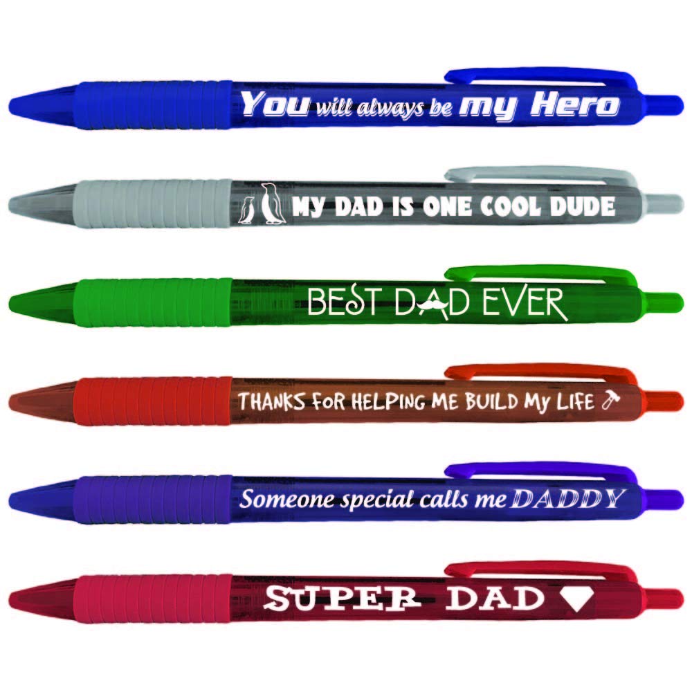 Greeting Pen 12 Translucent Dad Pens with Comfort Grip, Set of 6 Designs 46020- Colorful Father