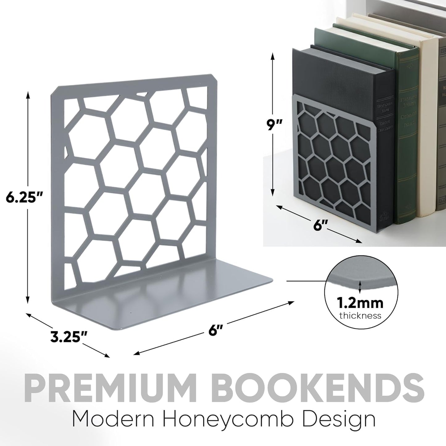 Gray Geometric Honeycomb Metal Bookends - Book Ends for Shelves - Decorative Modern Heavy Duty