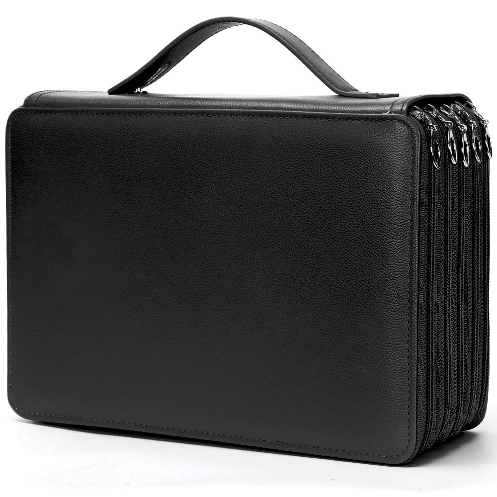 Vomgomfom 252 Slots Pencil Case 5-Layer PU Leather, Handle, Solid Black