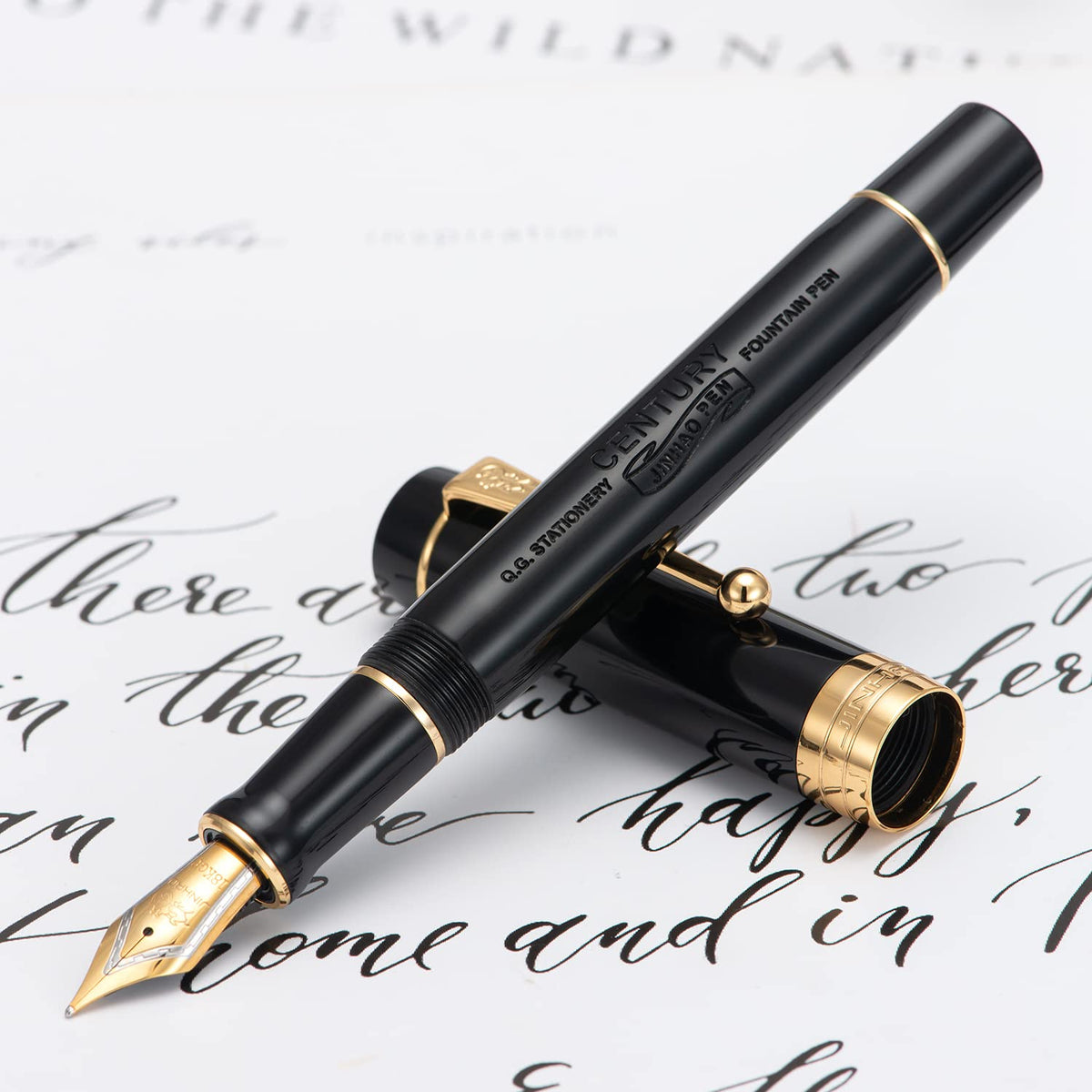 Classic Fountain Pen Vivid Black Celluloid with Jinhao Stamp, Medium Nib with Conveter and Pen Case