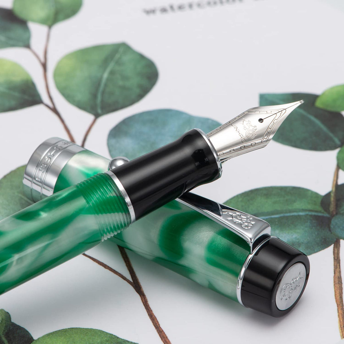 Jinhao 100 Classic Fountain Pen Green White Marble Celluloid, Extra Fine Nib with Converter and Pen