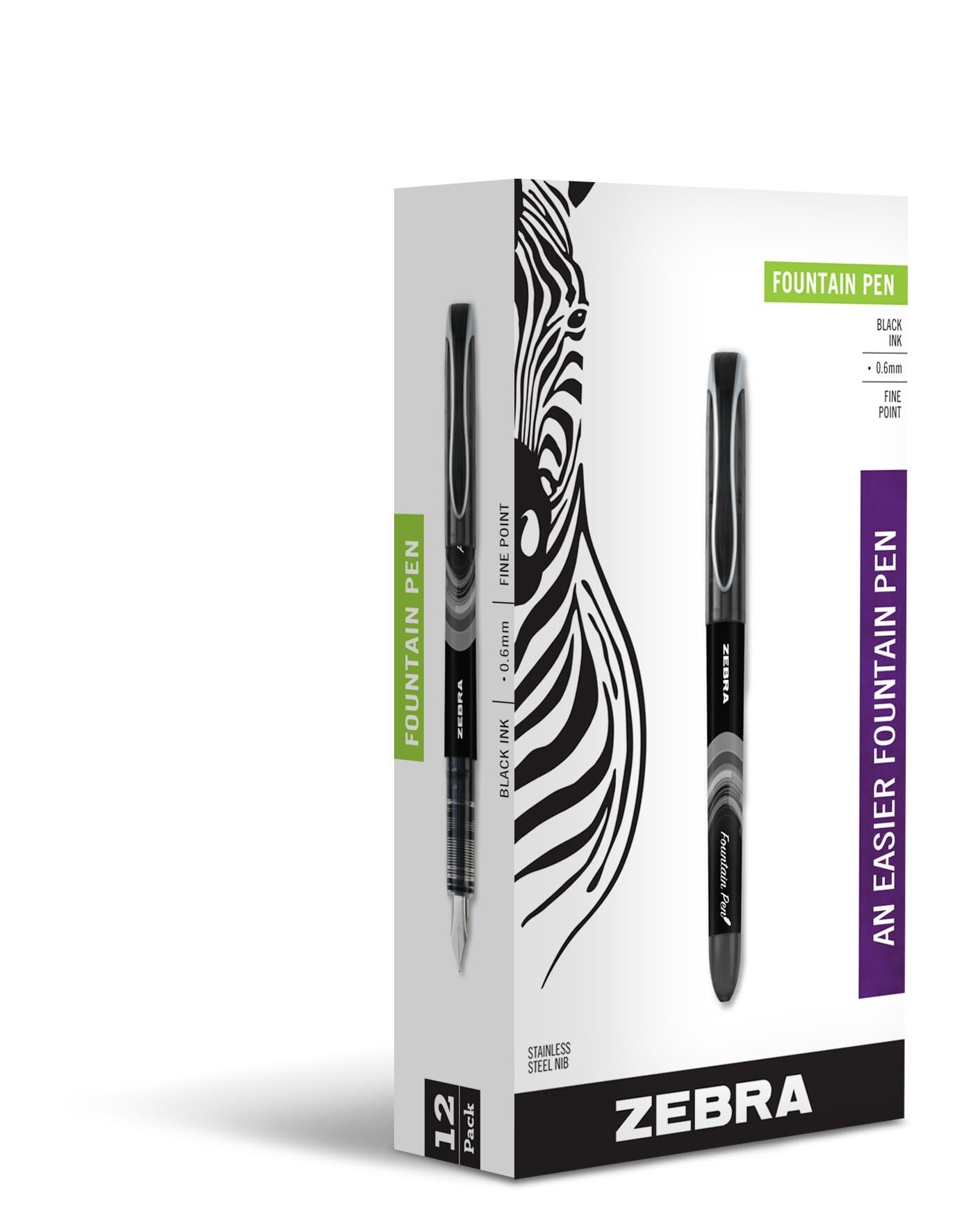 Zebra Pen Fountain Pen, Free-Flowing Liquid Black Ink, 0.6mm, 12-Pack