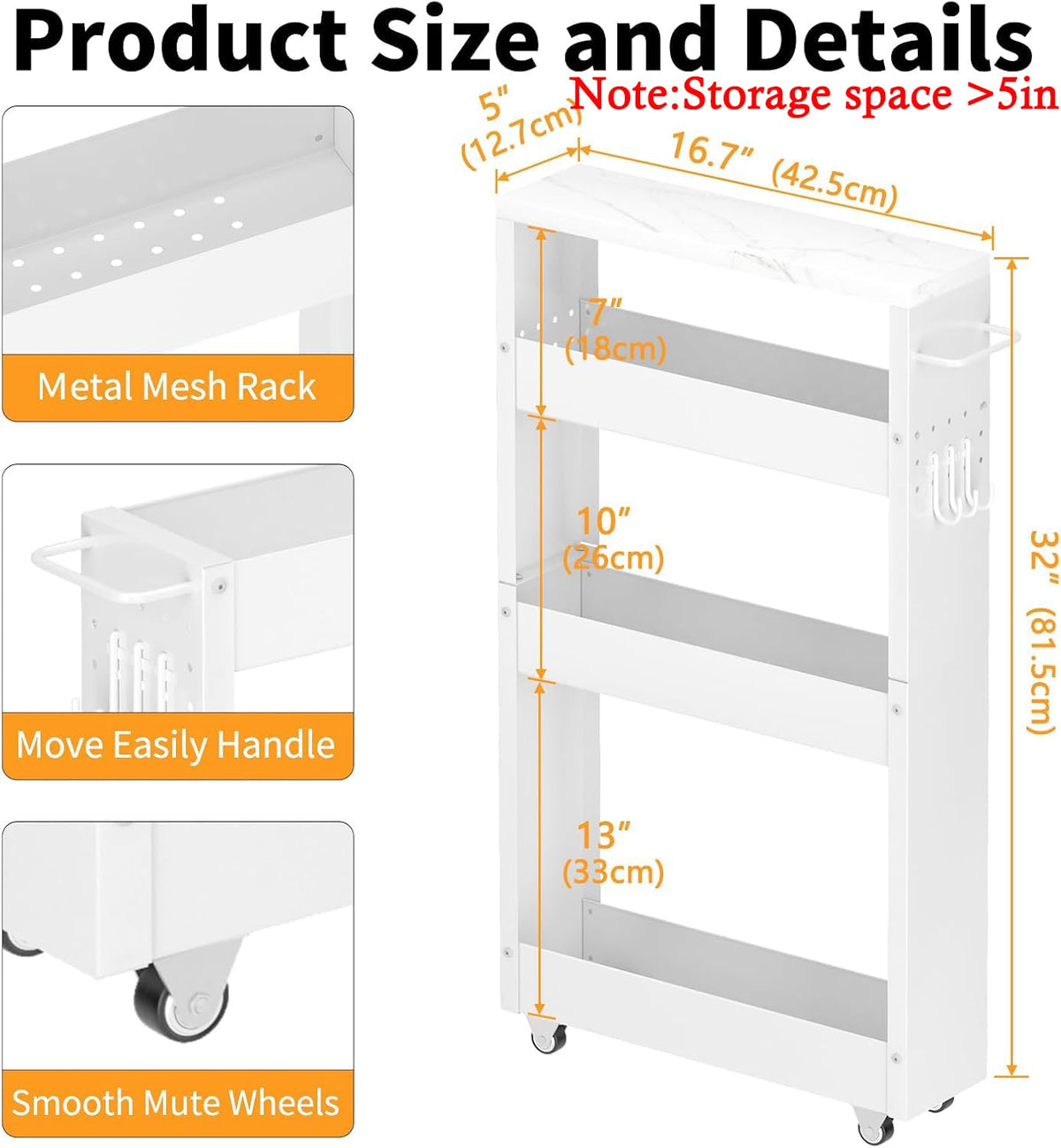 XYZLVSI Slim Storage Cart, 4 Tier Narrow Kitchen Rolling Cart with Wheels