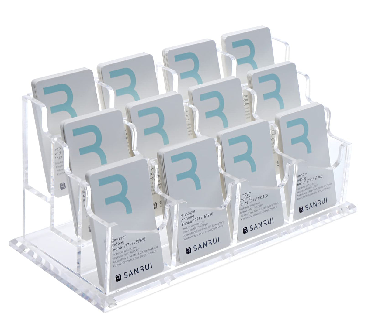 SANRUI Vertical Acrylic Business Card Holder for Desk, 3 Tier 12 Slot