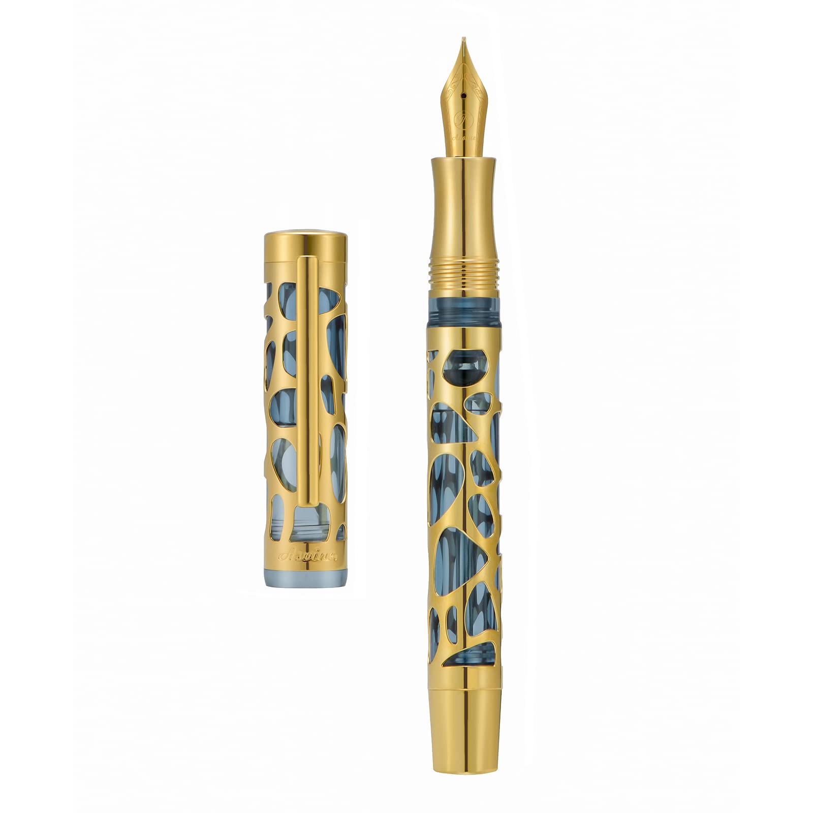 Asvine V169 Vacuum Filling Fountain Pen Medium Nib, Water Drop Skeleton Gold Trim Transparent Gray