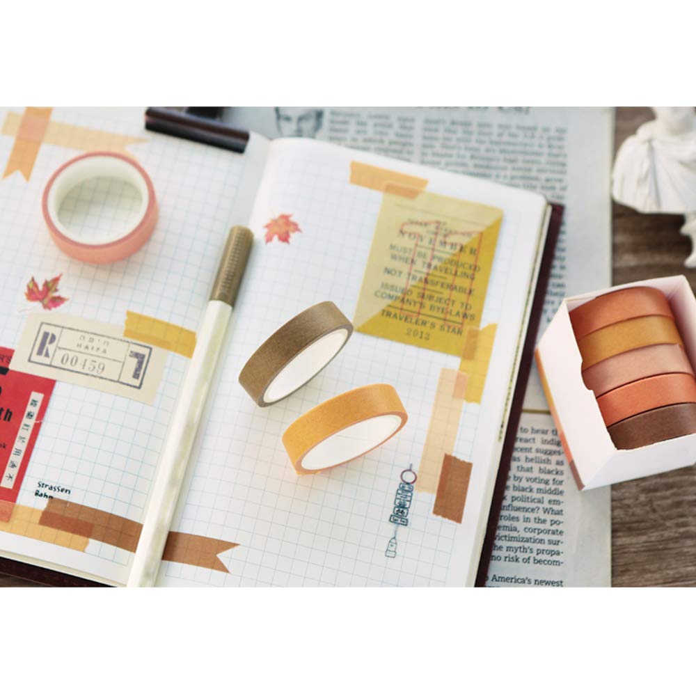 EnYan Solid Color Washi Tapes Set, 5 Rolls Basic Collection Decoration 10mm Wide Japanese Masking