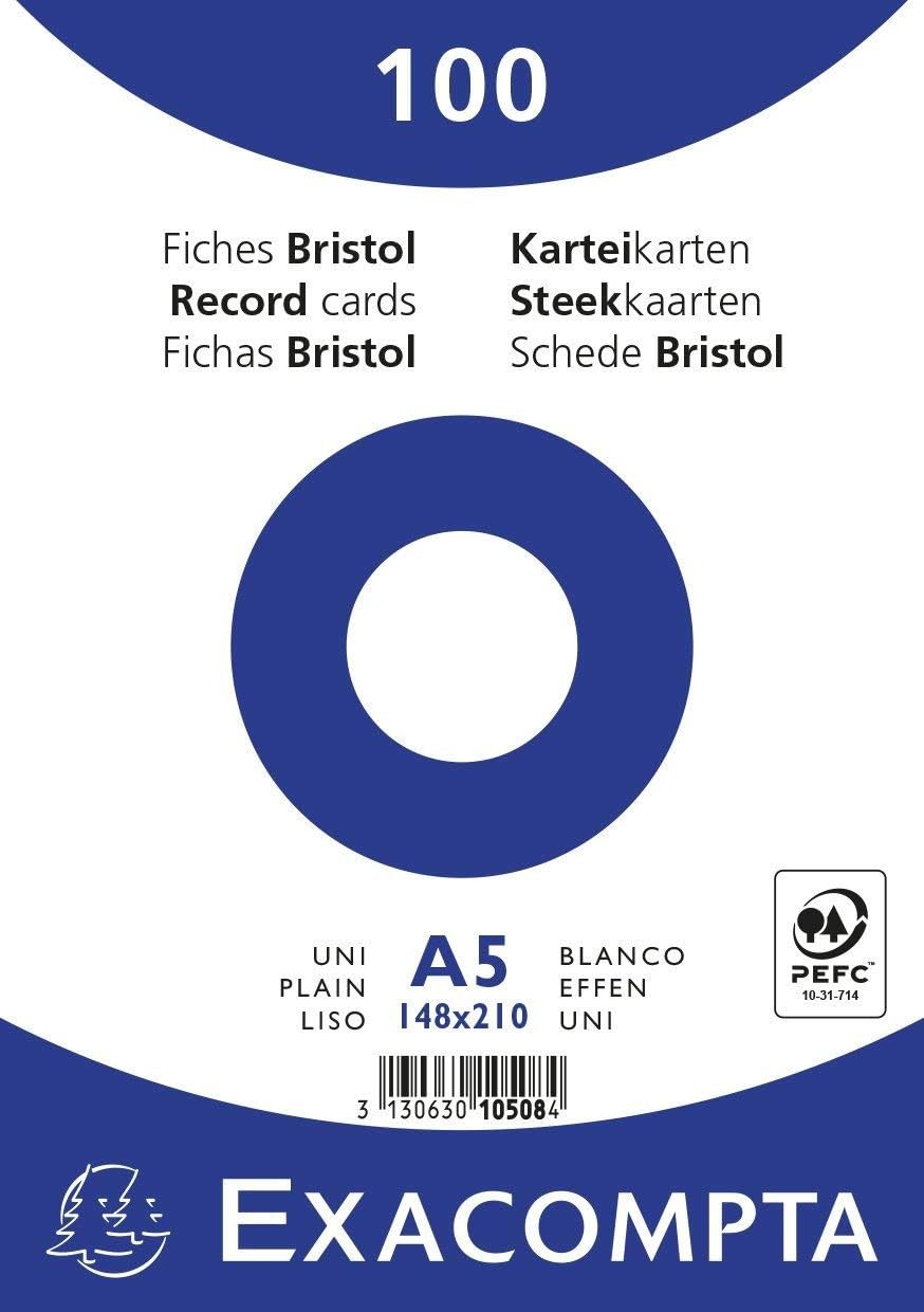 Exacompta - Ref 10508E - Bristol Plain Record Cards (Pack of 100) - A5 in Size, 205gsm Card