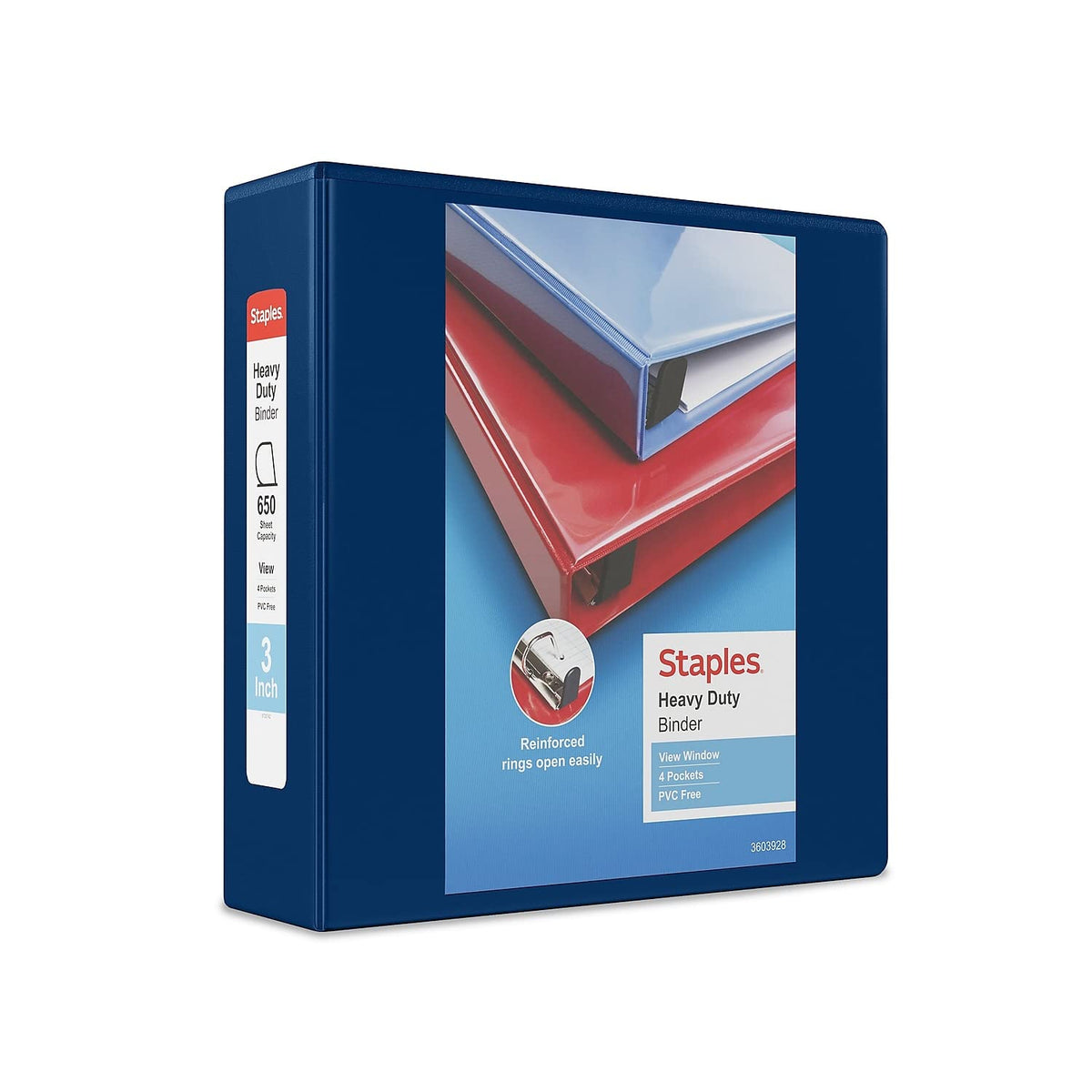 Staples Heavy-Duty 3-Inch D-Ring View Binder, Blue, Reinforced