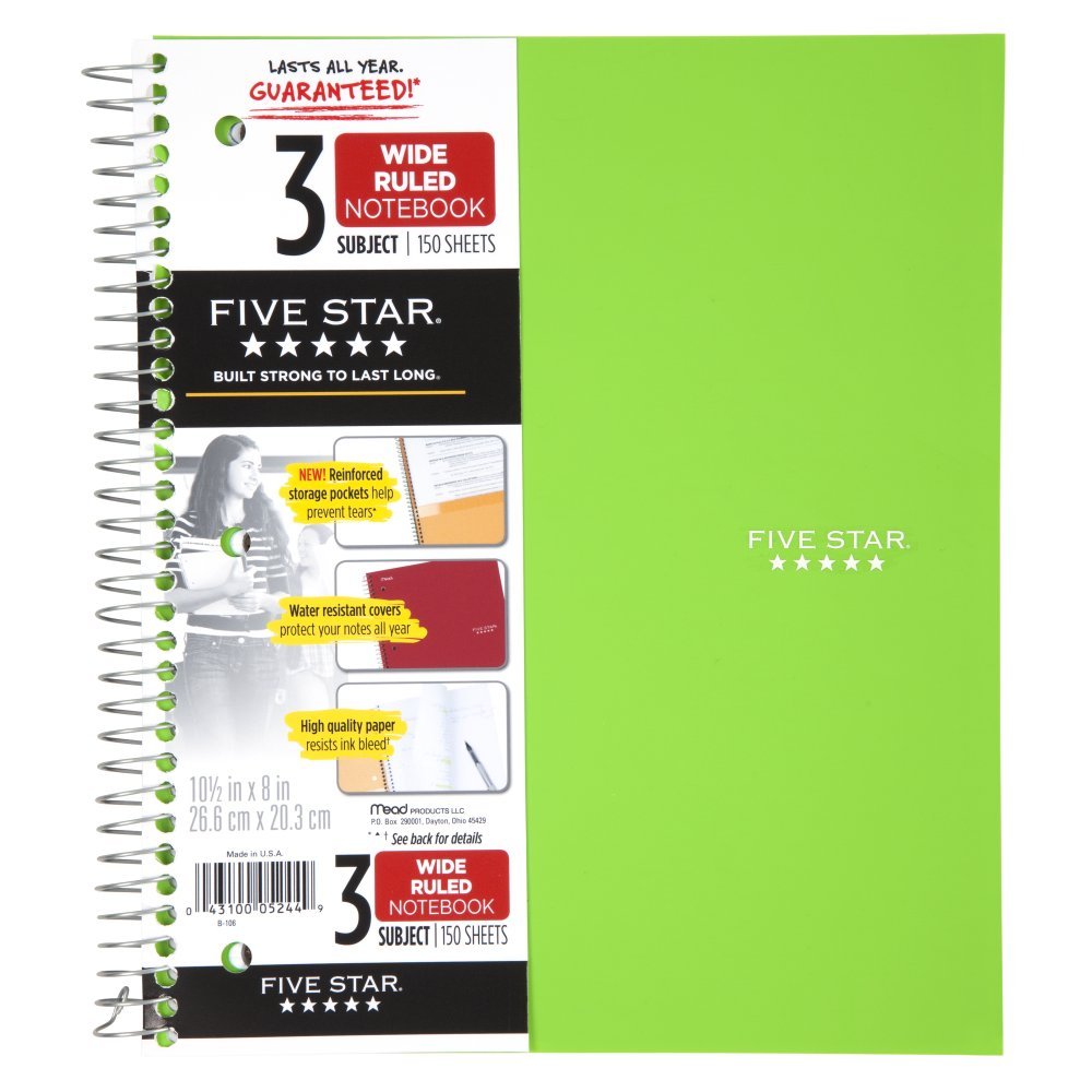 Five Star Spiral Notebook, 3 Subject, Wide Ruled Paper, 150 Sheets, 10-1/2" x 8" Sheet Size, Lime