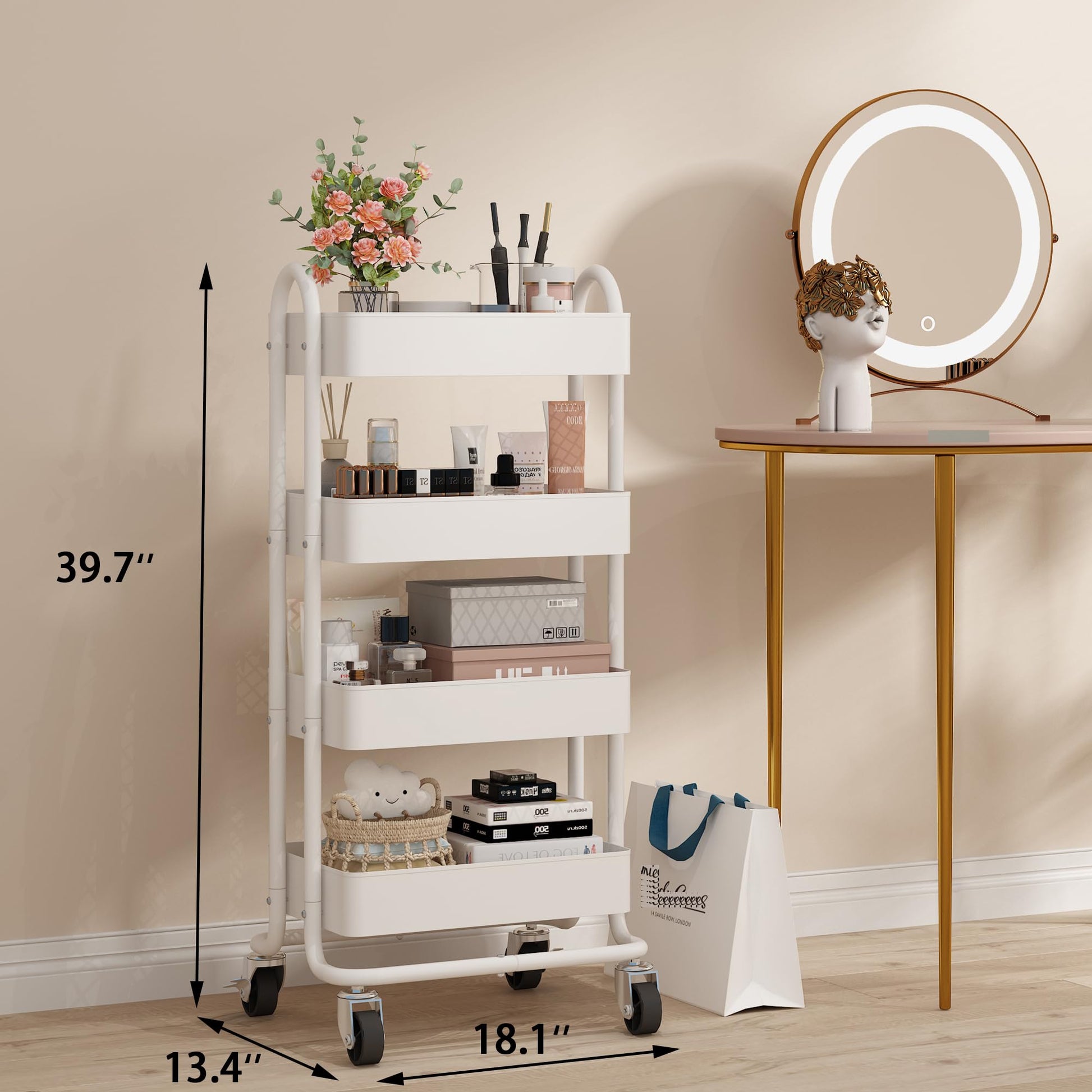 Elitehouse 4 Tier Metal Rolling Cart with Wheels,4 Tier Utility Cart with Wheels for