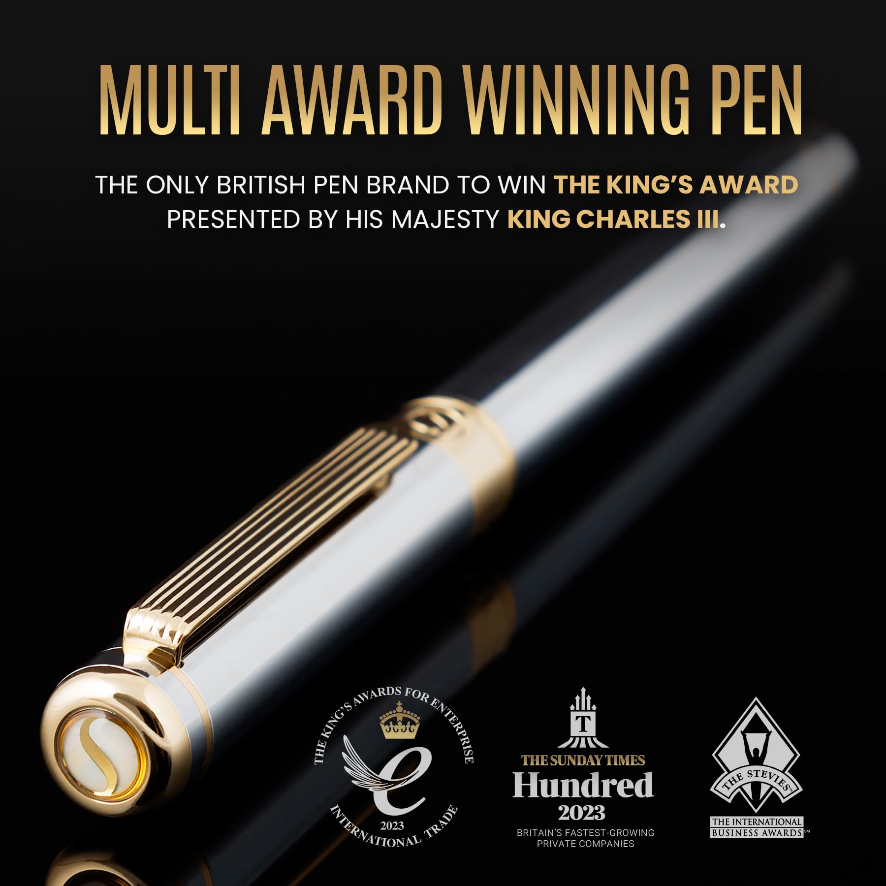 Scriveiner Silver Chrome Fountain Pen - Stunning Luxury Pen, Real Gold Finish Schmidt Gilded Nib