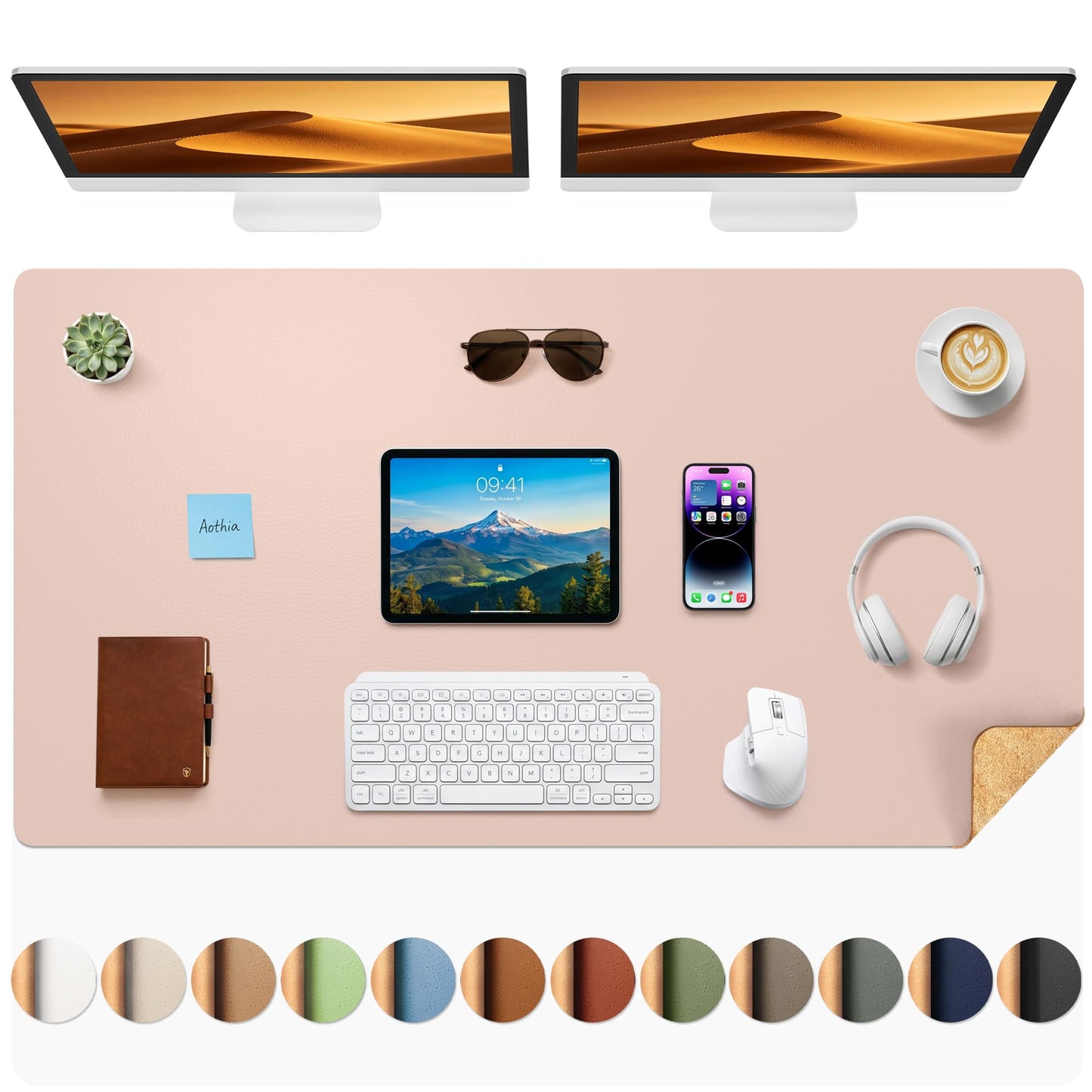Aothia Cork Desk Mat - Dual-Sided XL PU Leather Desk Pad & Full Desk Protector, Large Waterproof
