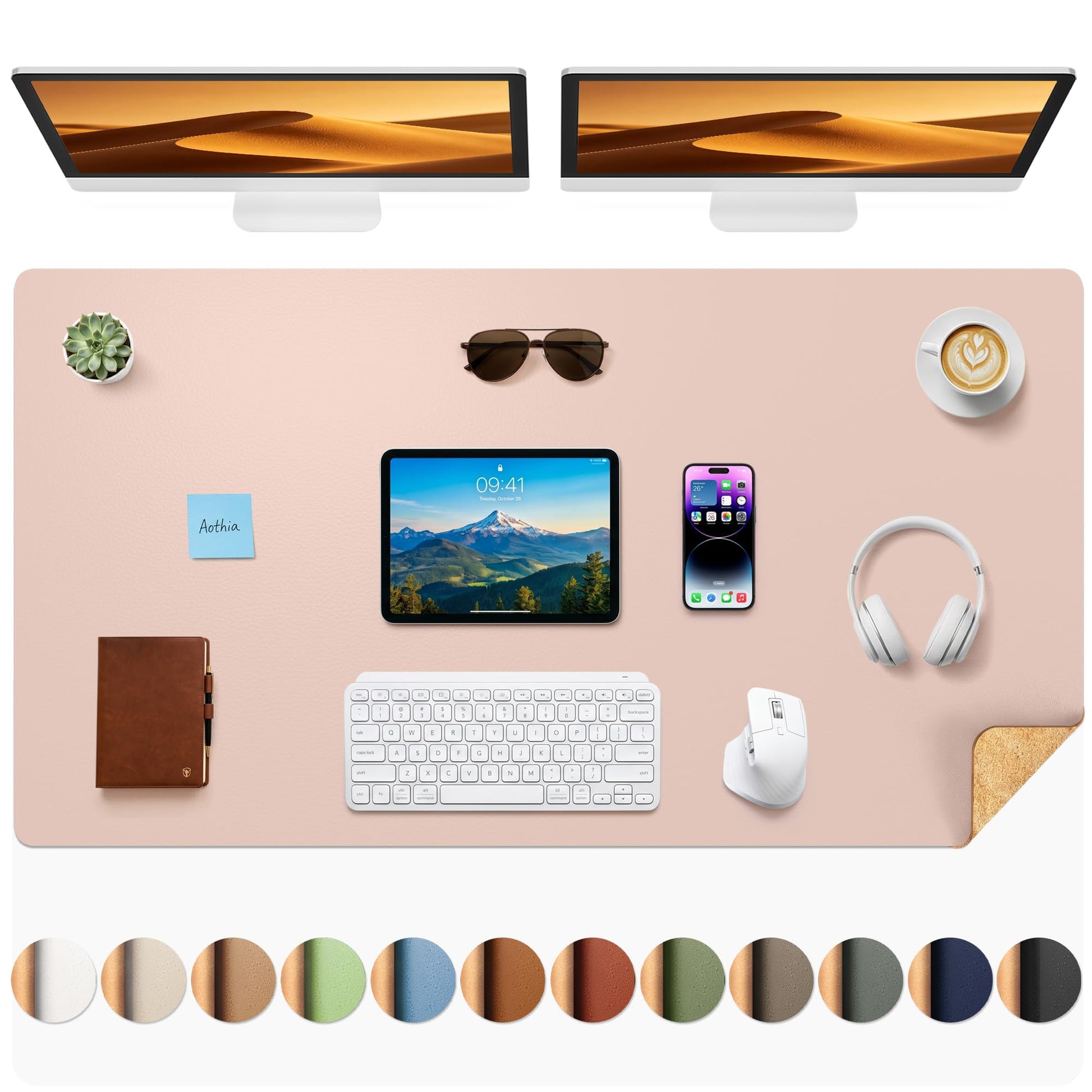 Aothia Cork Desk Mat - Dual-Sided XL PU Leather Desk Pad & Full Desk Protector, Large Waterproof