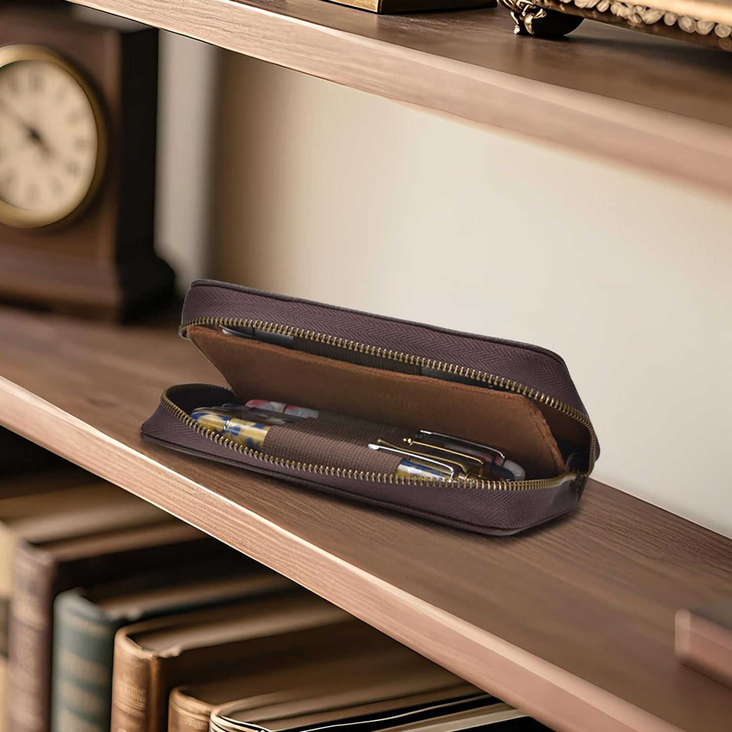 Asvine Fountain Pen Case Genuine Leather Pen Case 10 Divided Slots Coffee, Rollerball Pen Holder