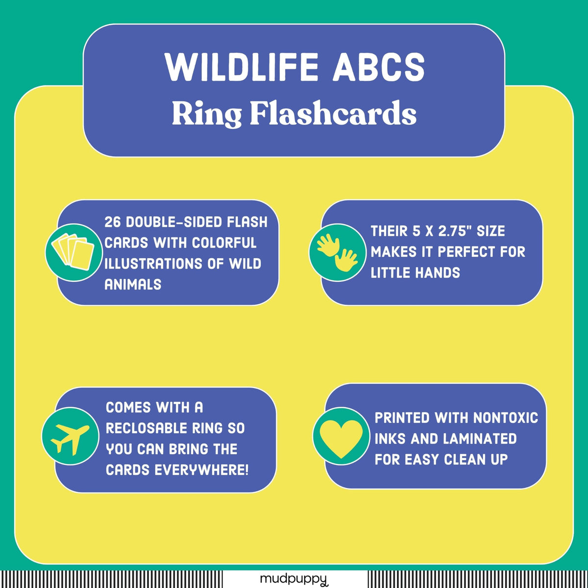 Mudpuppy Wildlife ABCs Ring Flash Cards for Kids - 26 Double-Sided Alphabet Flash Cards on a