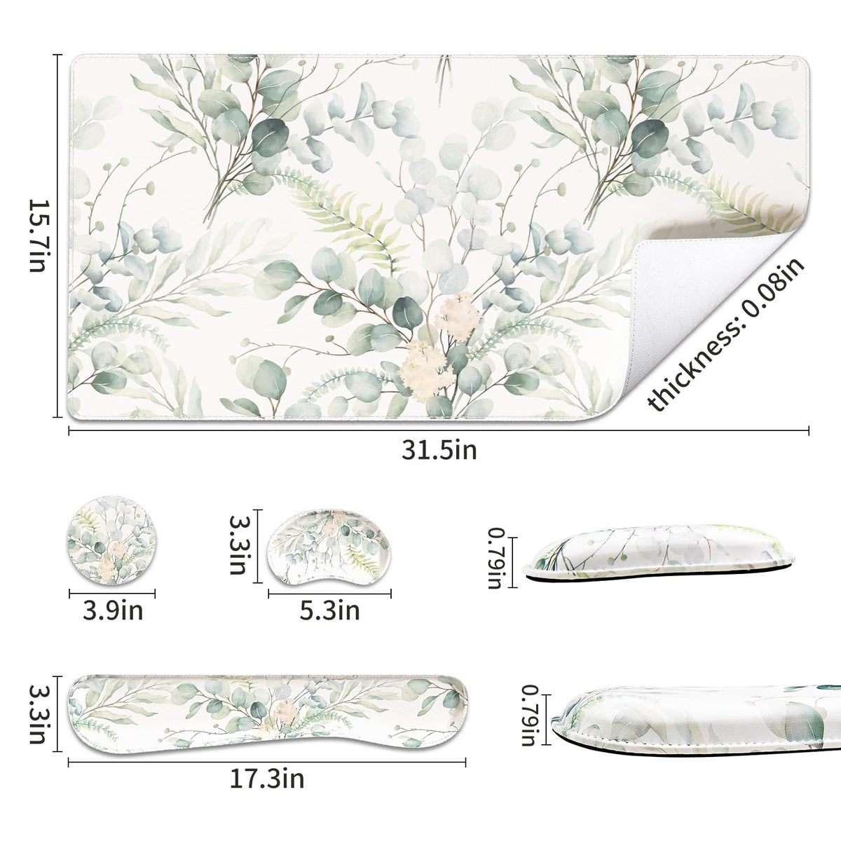 QiyI PU Leather Desk Mat Set, 4-in-1 Ergonomic Wrist Rest, Eucalyptus Leaf