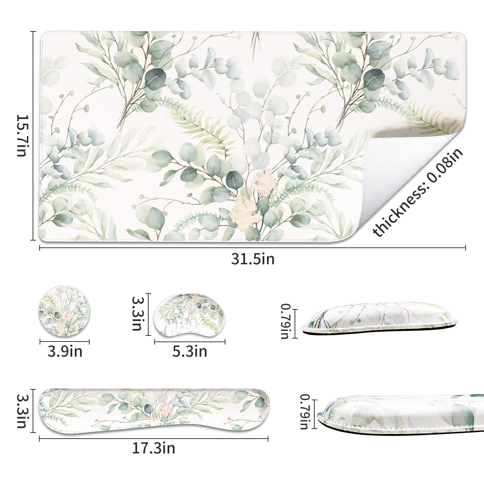 QiyI PU Leather Desk Mat Set, 4-in-1 Ergonomic Wrist Rest, Eucalyptus Leaf