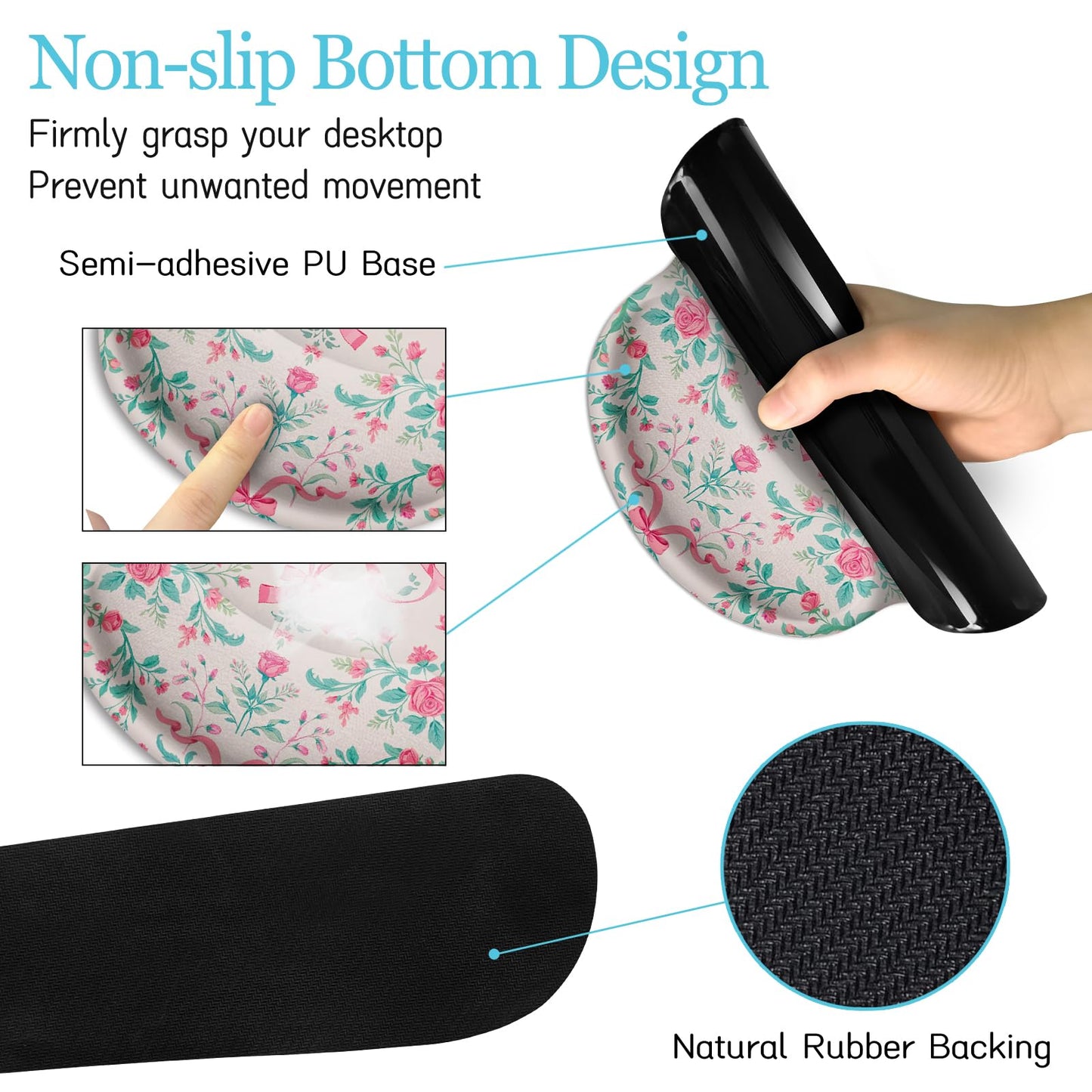 LIMKRIAN Pink Floral Desk Mat, Ergonomic Mouse Pad Set with Wrist Rest