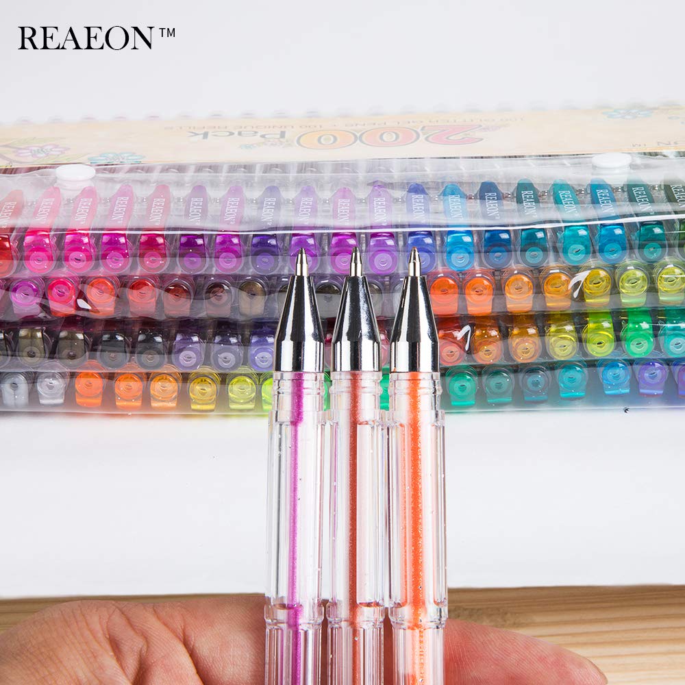 Reaeon 200 Glitter Gel Pen Set, 100 Gel Pens plus 100 Refills Glitter Neon Pen for Coloring Books