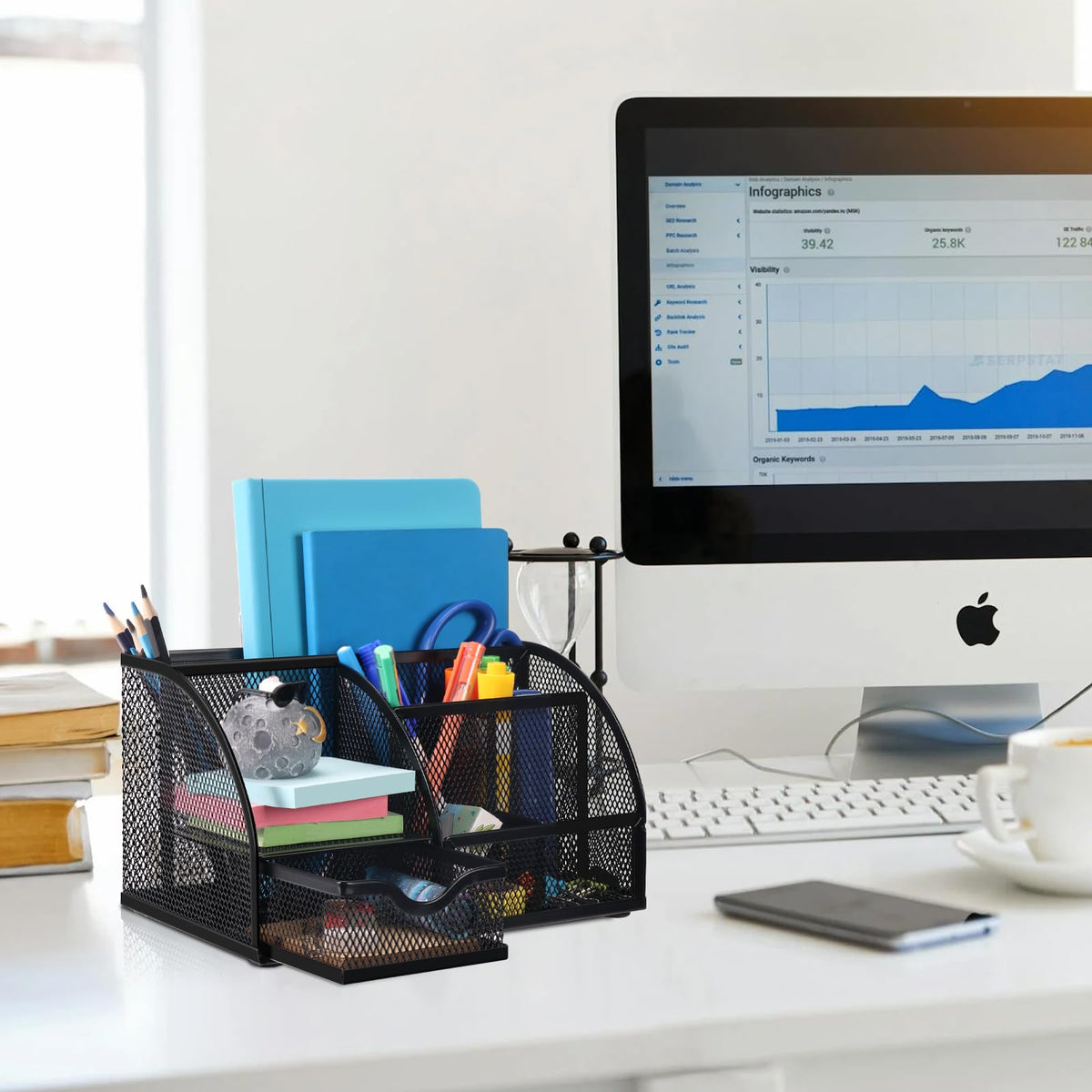Comix Mesh Pen Pencil Holder Desk Organizer, 7 Compartment Wire Desktop Pen Pencil Cup Caddy Office