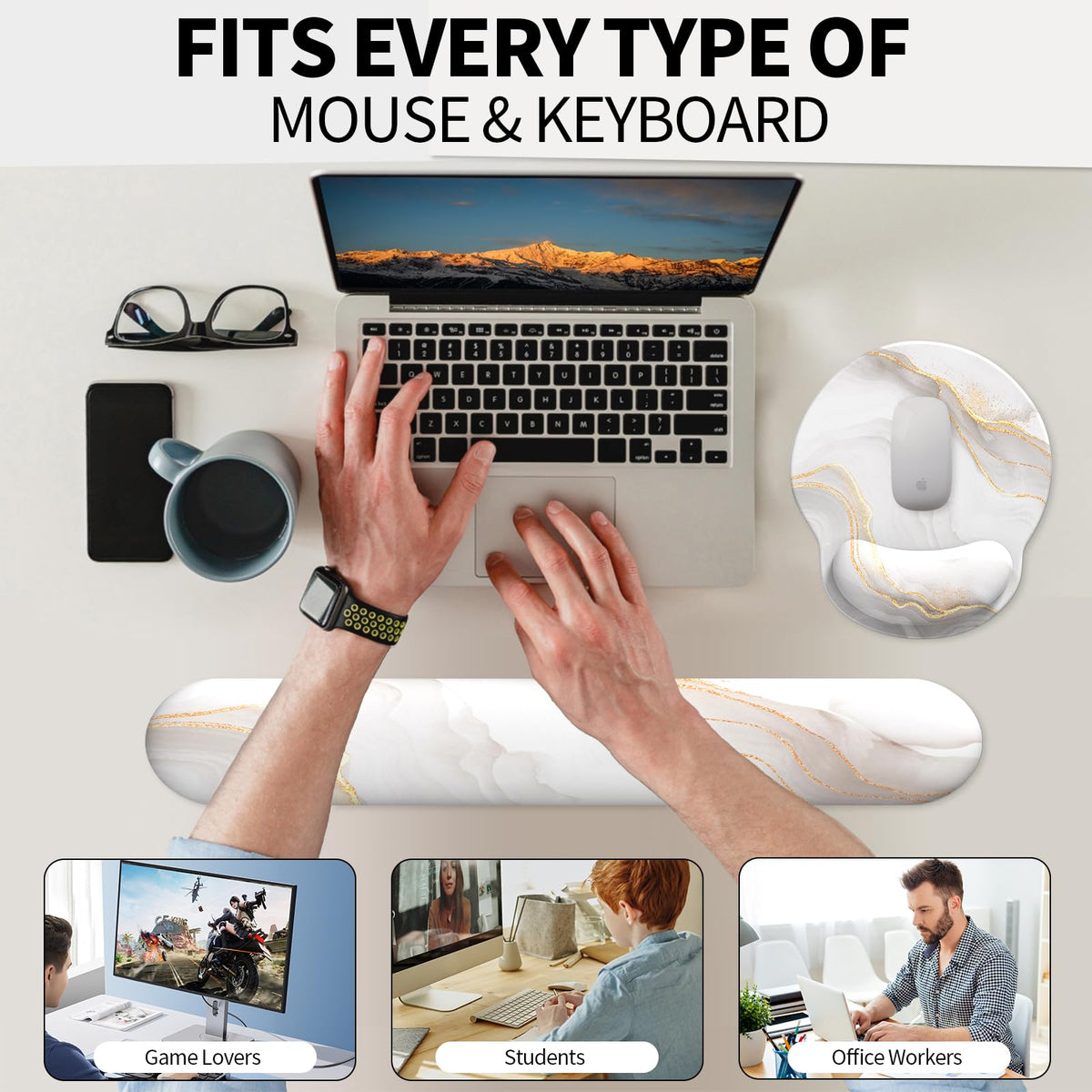 eulps Mouse Pad Wrist Support, Ergonomic Memory Foam Keyboard Wrist Pad & Gel Wrist Rest Set for