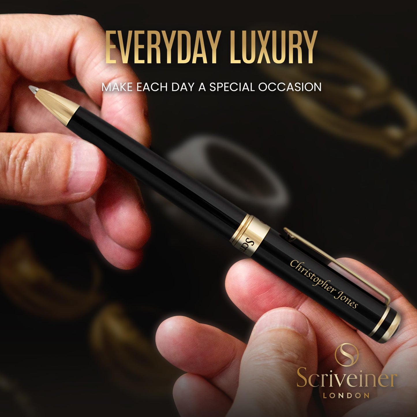 Scriveiner Personalized Black Ballpoint Pen - Stunning Luxury Pen, Jet Black Lacquer, Real Gold