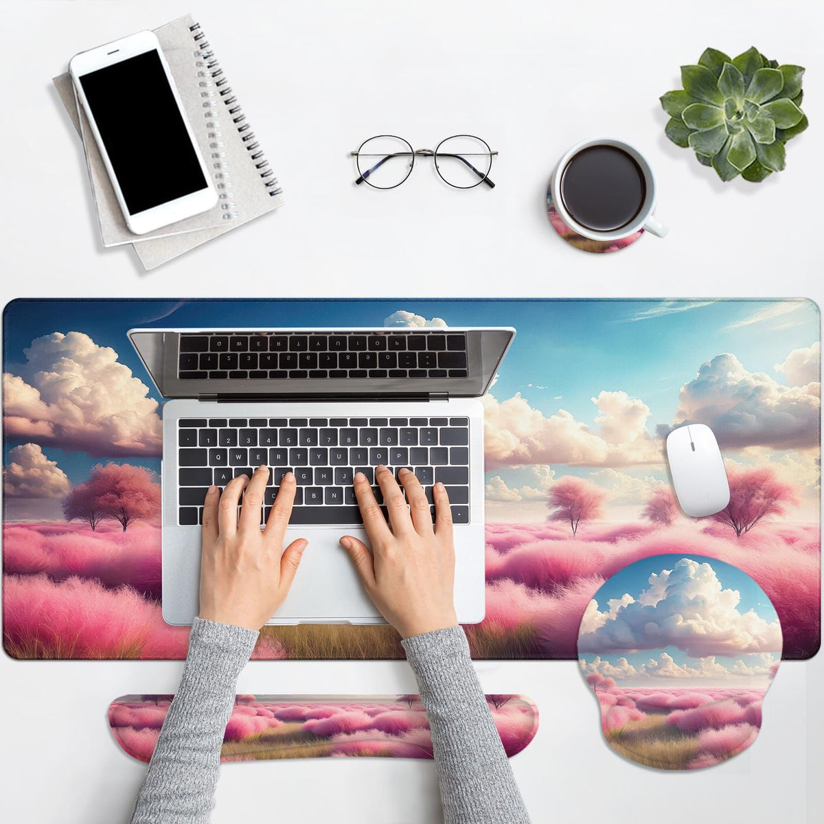 Britimes Keyboard Mouse Pad Set, 4 in 1 Desk Mat Set, Pink Clouds
