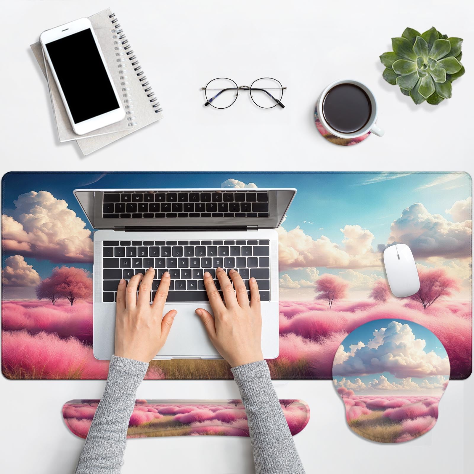 Britimes Keyboard Mouse Pad Set, 4 in 1 Desk Mat Set, Pink Clouds