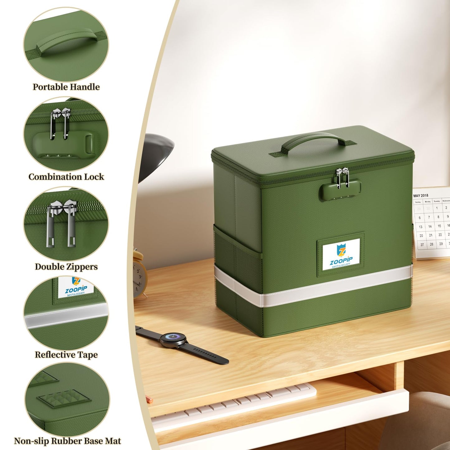 ZOOPIP Fireproof File Box with Lock, Collapsible Document Organizer, Green
