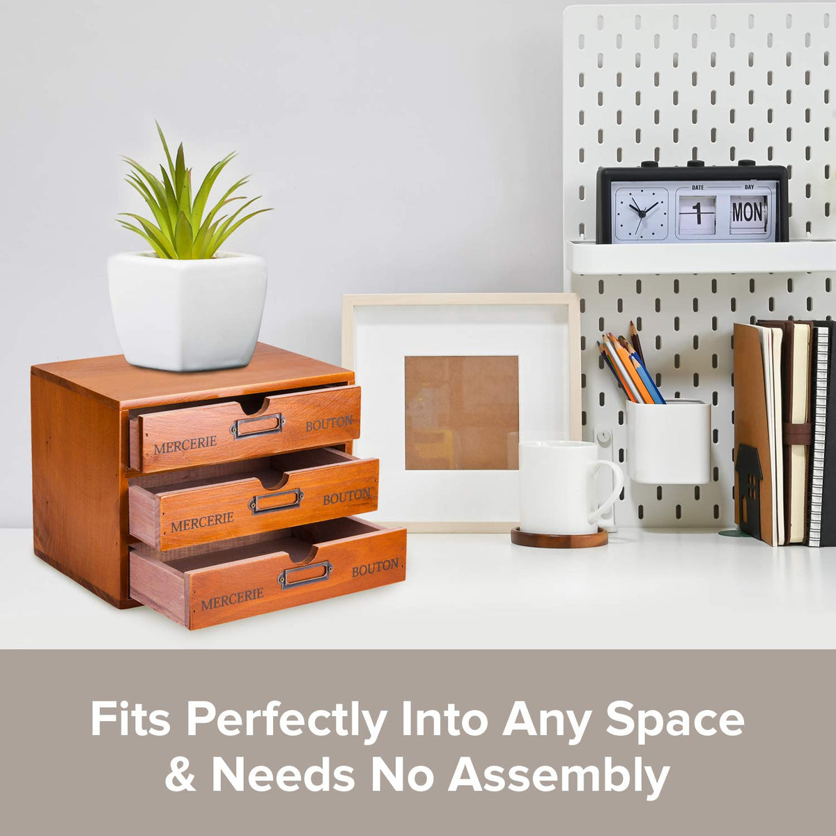 Vintage 3-Drawer Organizer for Desk - Wooden Box with 3 Storage Drawers - Solid Wood Table Top