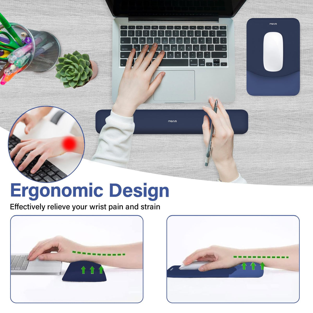 MOSISO Wrist Rest Support Mouse Pad & Keyboard Set, Navy Blue