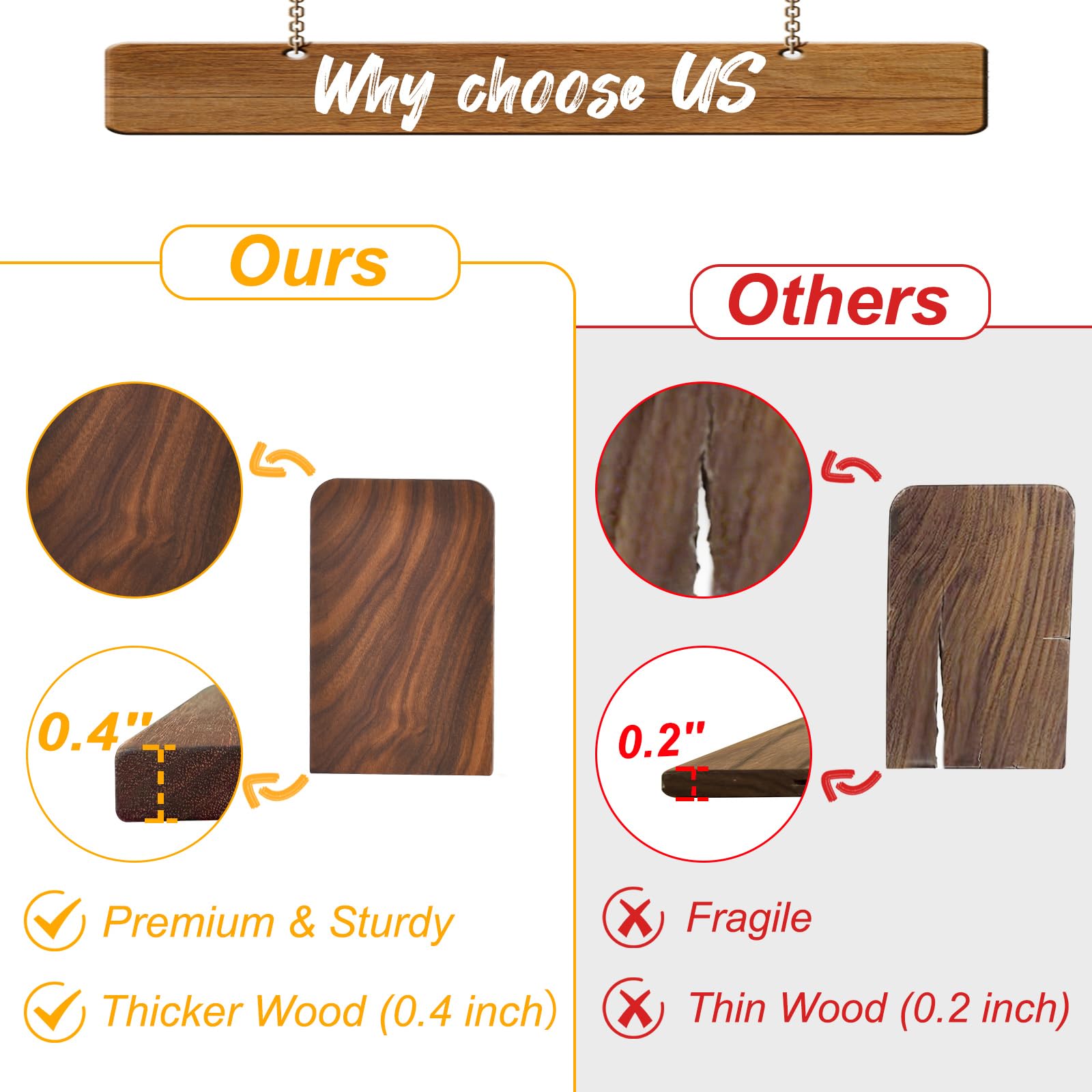 VIVTOB Book Ends, Black Walnut Wooden Bookends for Shelves - Heavy Duty Non-Slip Book Organizers