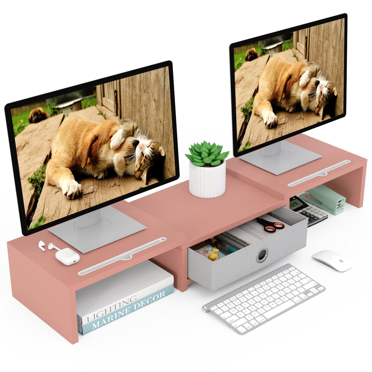 WESTREE Dual 3 Shelf Computer Riser with Drawer, Adjustable Length and Angle, Desktop 2 Monitor