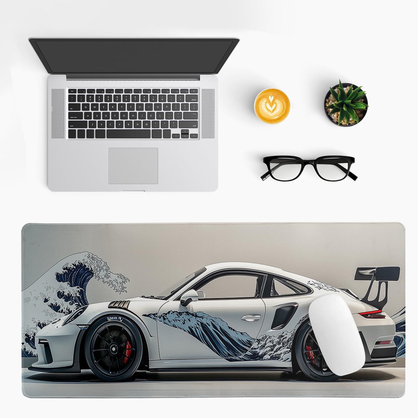 White Ukiyo-e Style Sports Car Large Gaming Mouse Pad Desktop Mat 31.5x11.8 Inch - Non-Slip Rubber