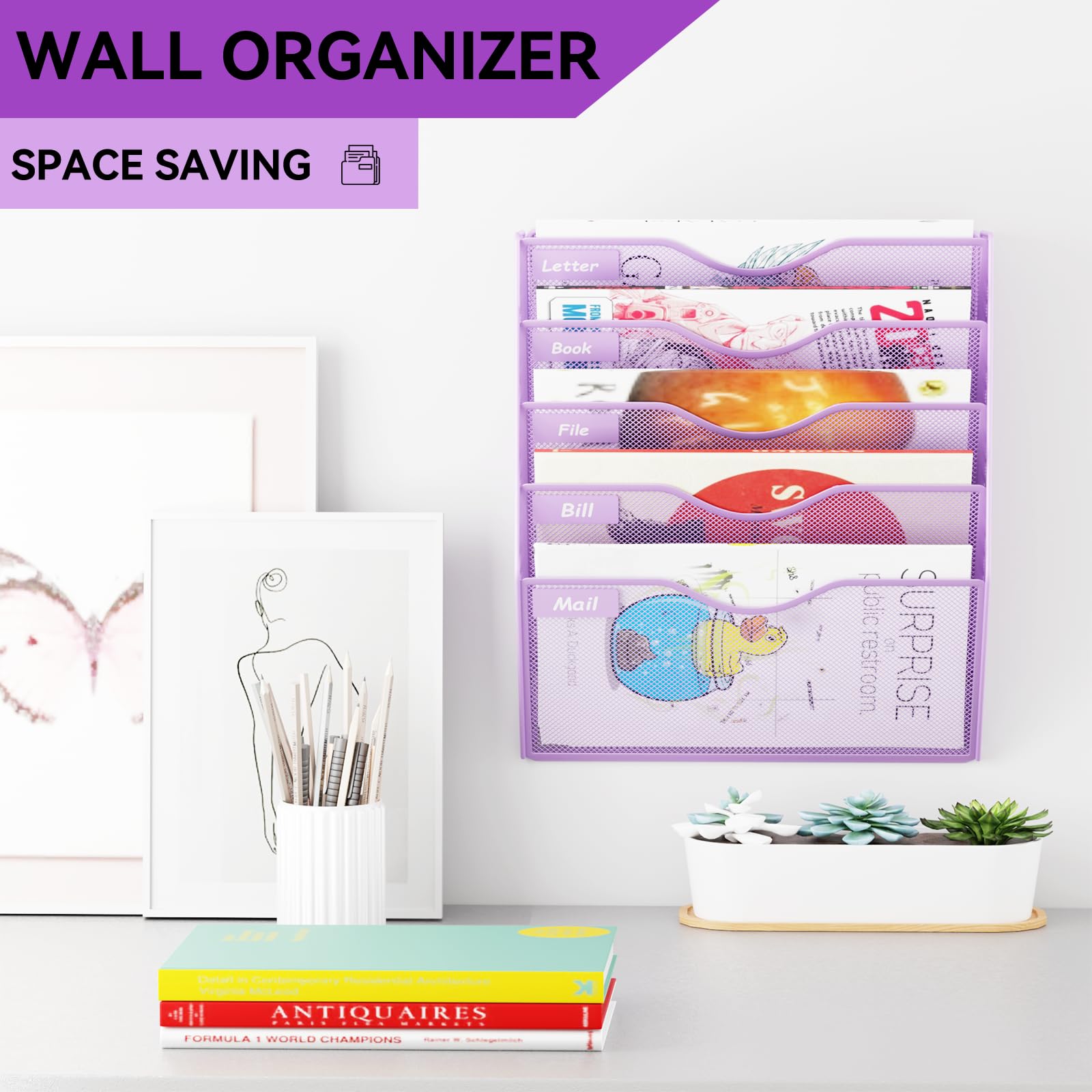 GDINDINFAN 5 Pockets Hanging Wall File Organizer Mail Holder, Wall Mounted Paper Document Folder