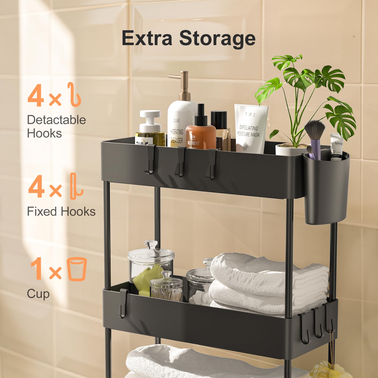 Pipishell 4 Tier Slim Storage Cart with Wheels, Laundry Cart, Black