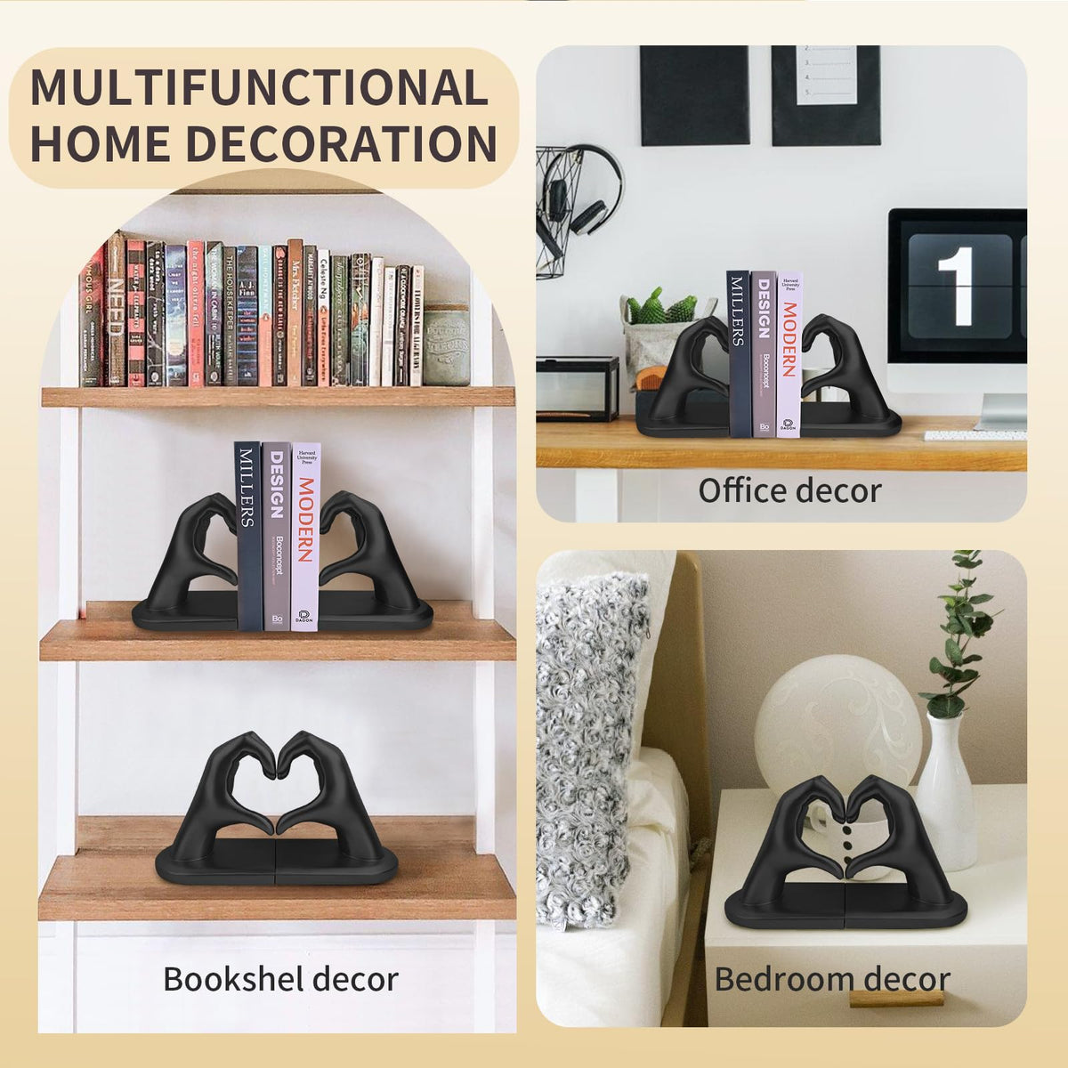 Black Decorative Bookends for Shelves, Heart Hands Book Ends Sculpture Aesthetic Decor for Bedroom