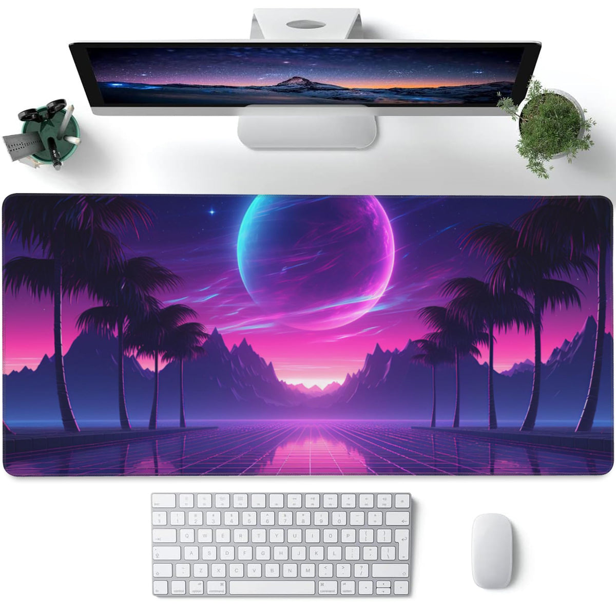 Large Gaming Mouse Pad for Desk,Cool Retrowave Landscape Desk Mat,Science Fiction Scene Desk Pad