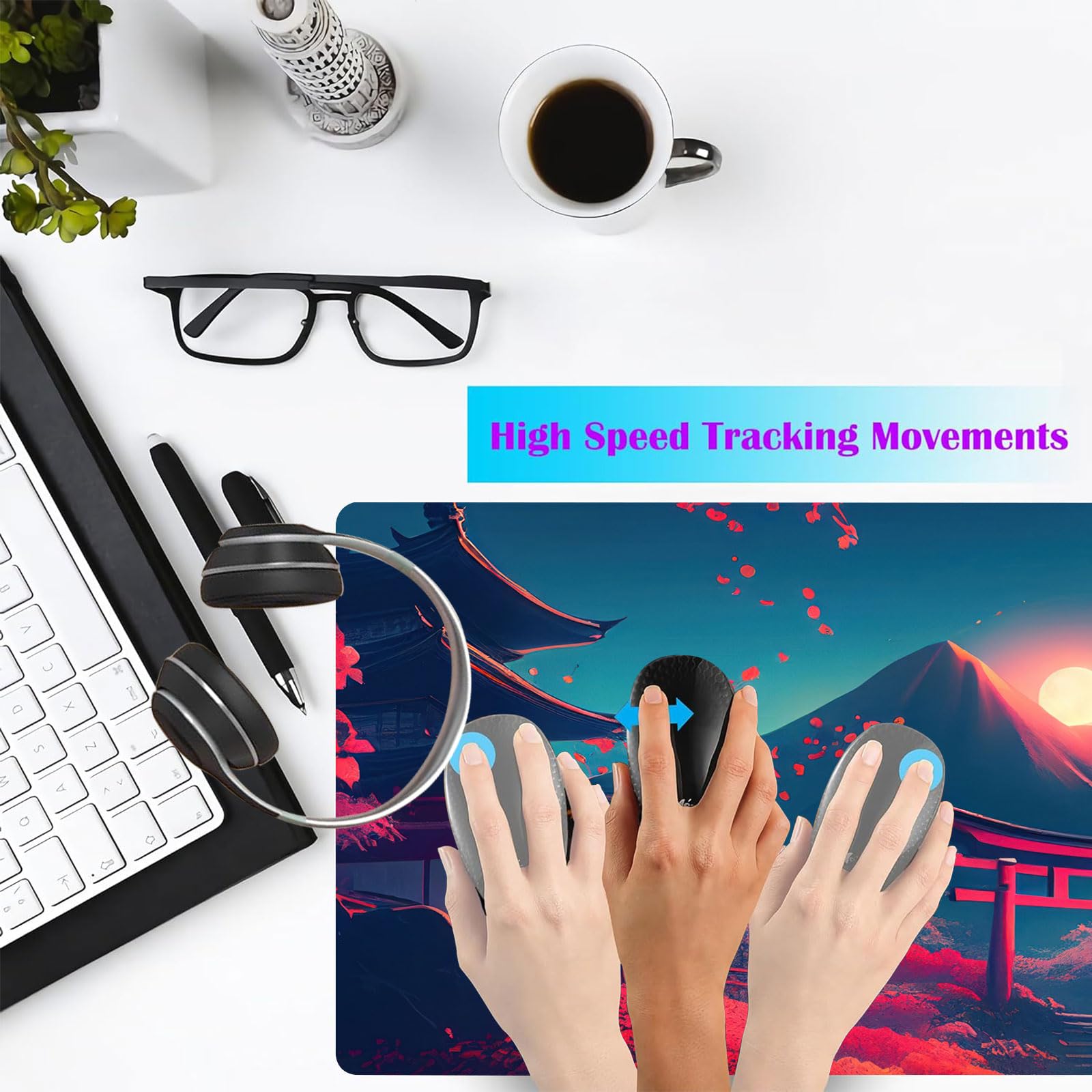 Japanese Mouse Mat, Large Extended Gaming Mouse Pad with Stitched Edges, Non-Slip Waterproof Rubber