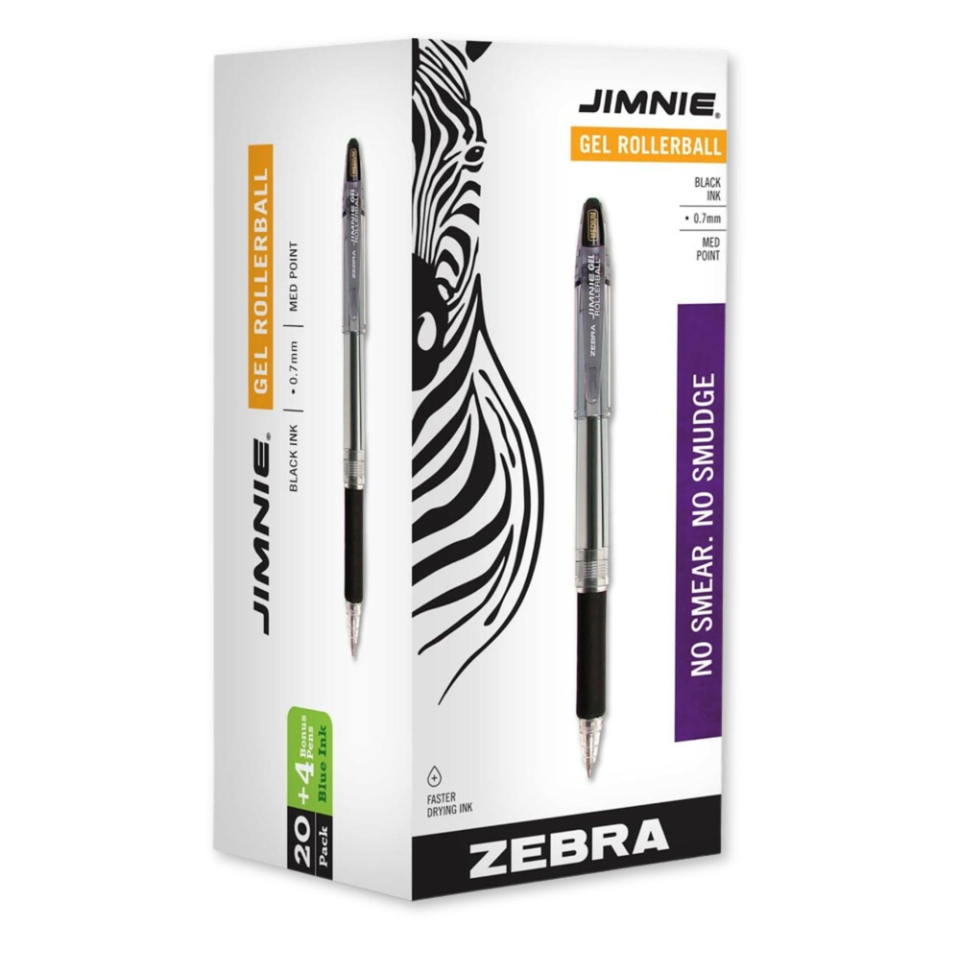 Zebra Pen Jimnie Rollerball Gel Pens, Medium Point 0.7 mm, 24-Count (20 Black, 4 Blue)