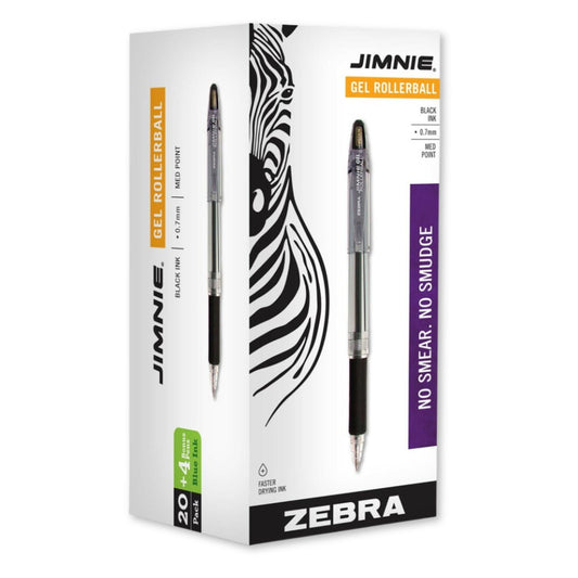 Zebra Pen Jimnie Rollerball Gel Pens, Medium Point 0.7 mm, 24-Count (20 Black, 4 Blue)
