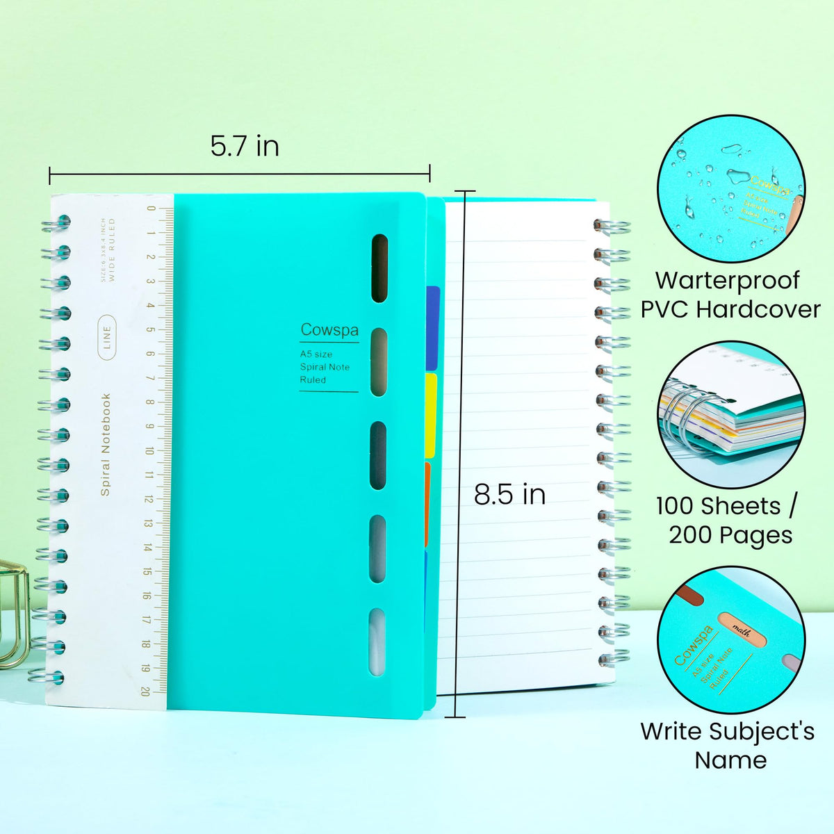 Yoment 2 Pack 5 Subject Notebook Wide Ruled Spiral Notebooks 5x7 with Tabs