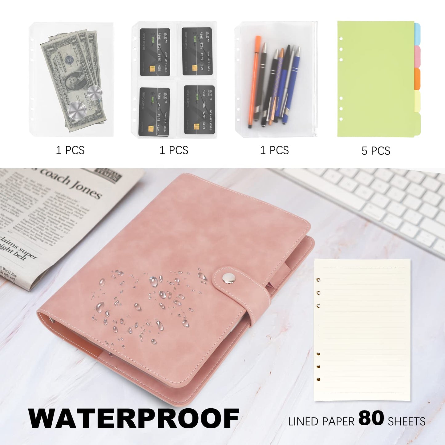 FYY A5 Binder Refillable Planner Notebook 6 Ring, Pink