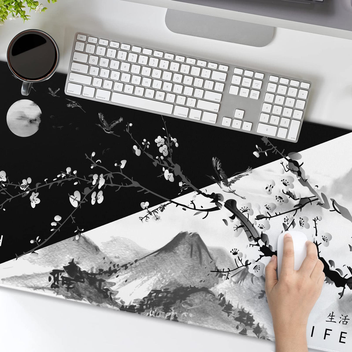 Sakura Death Life Black and White Cherry Blossom Pattern Extended Large Mouse Pad Non-Slip Rubber